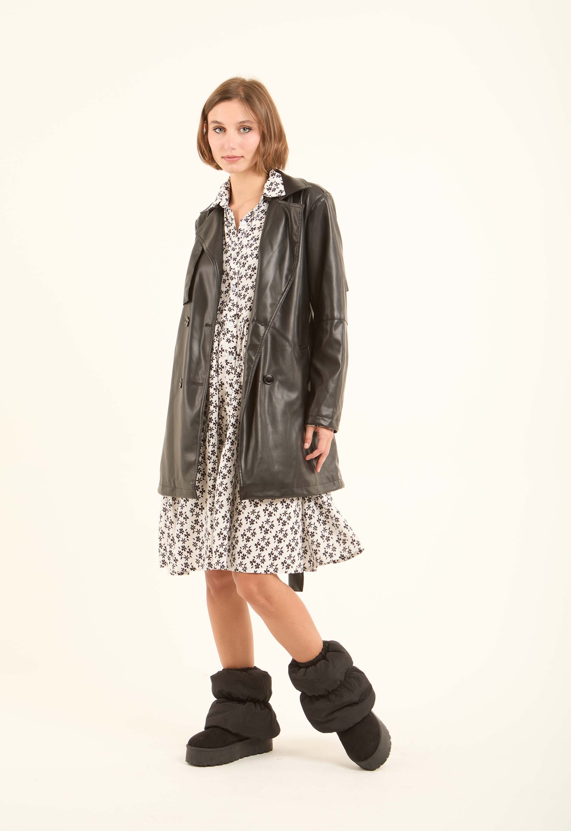 Faux Leather Trench Coat with Classic Detailing