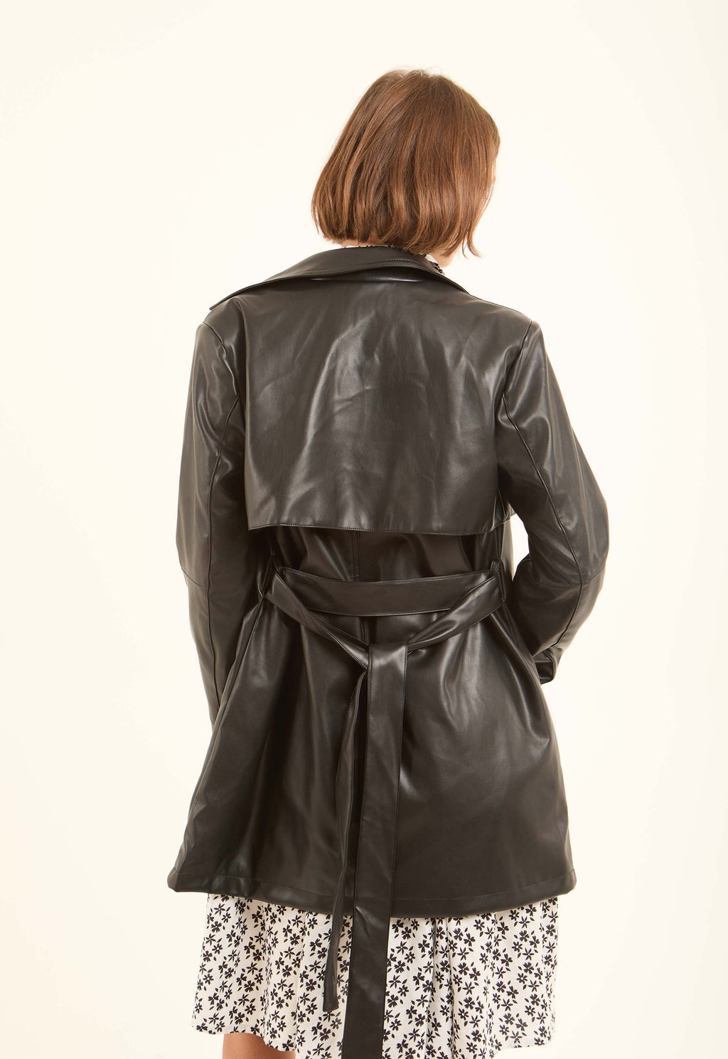 Faux Leather Trench Coat with Classic Detailing