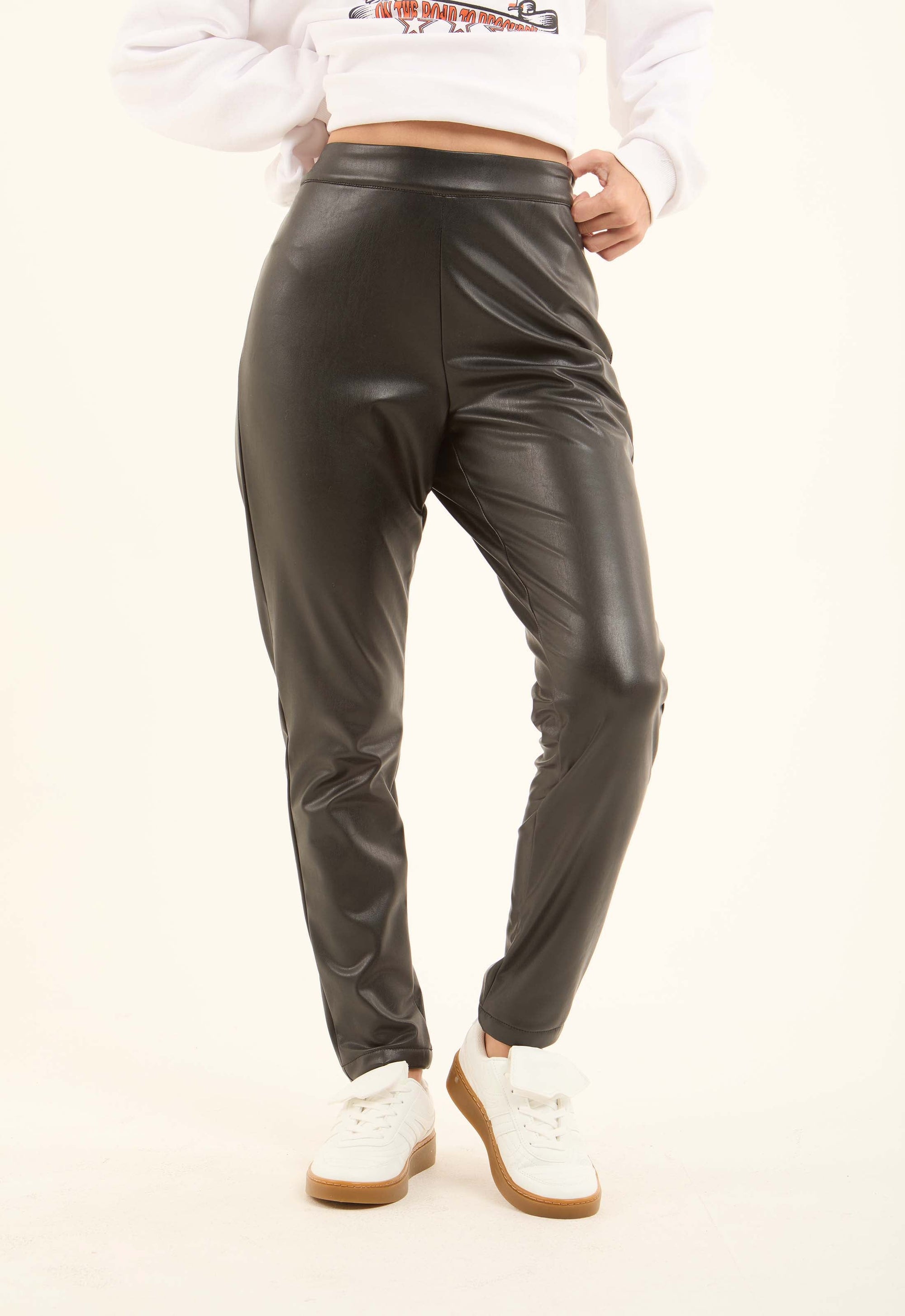 Elastic Waist Slip On Leather Leggings