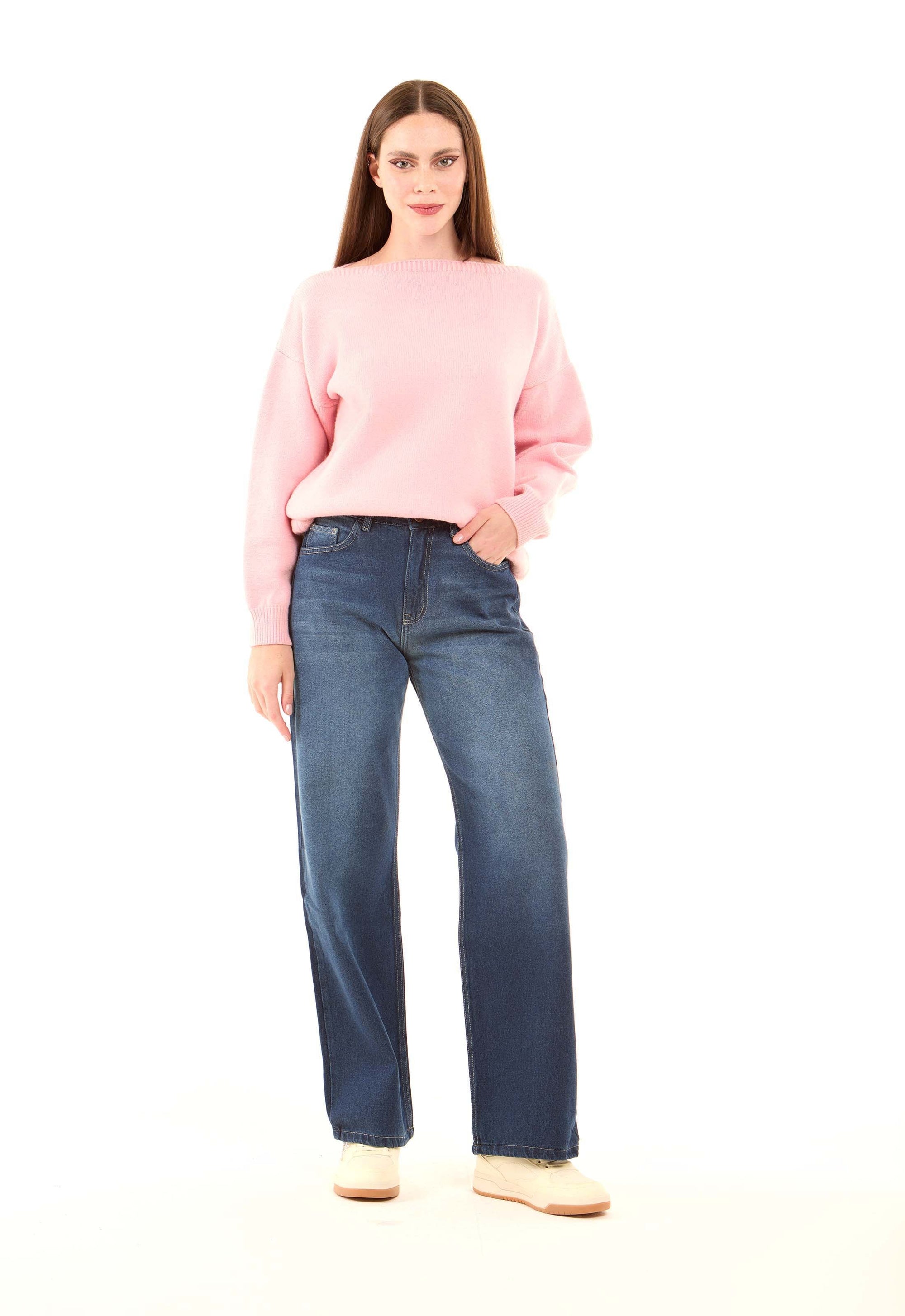 Wide-Leg Stretch Denim Pants