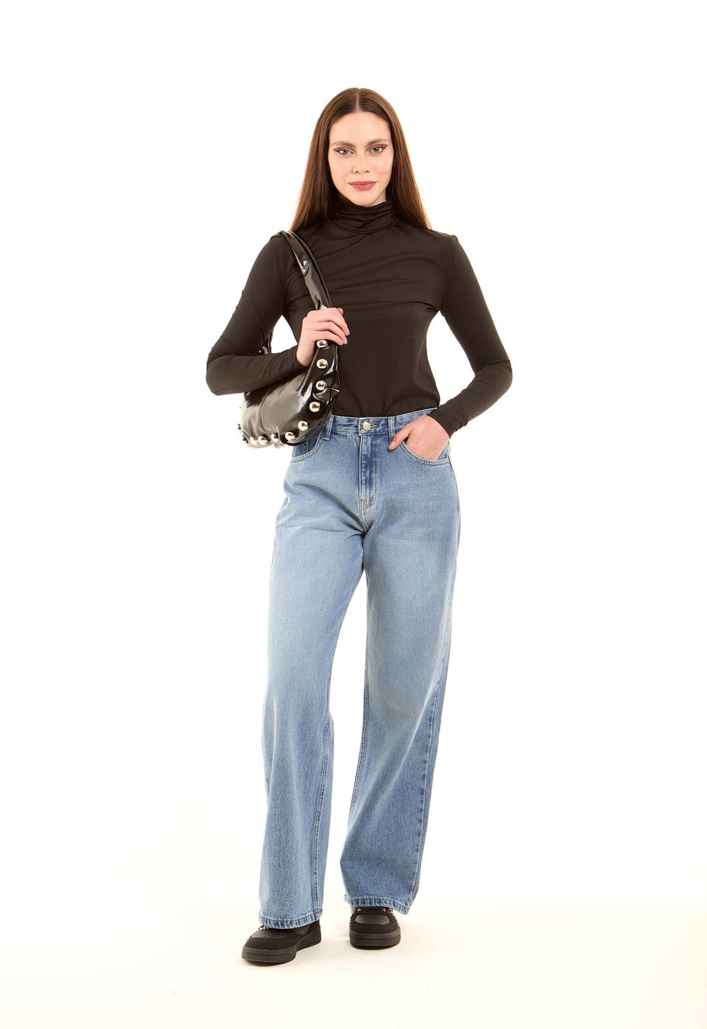 Wide-Leg Stretch Denim Pants