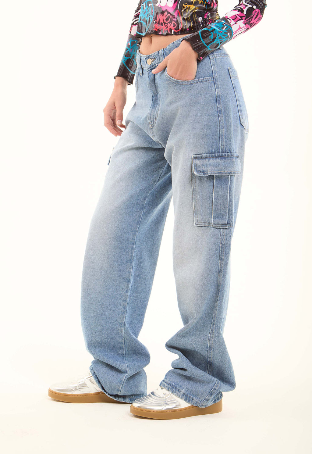 Cargo Wide-Leg Denim Pants