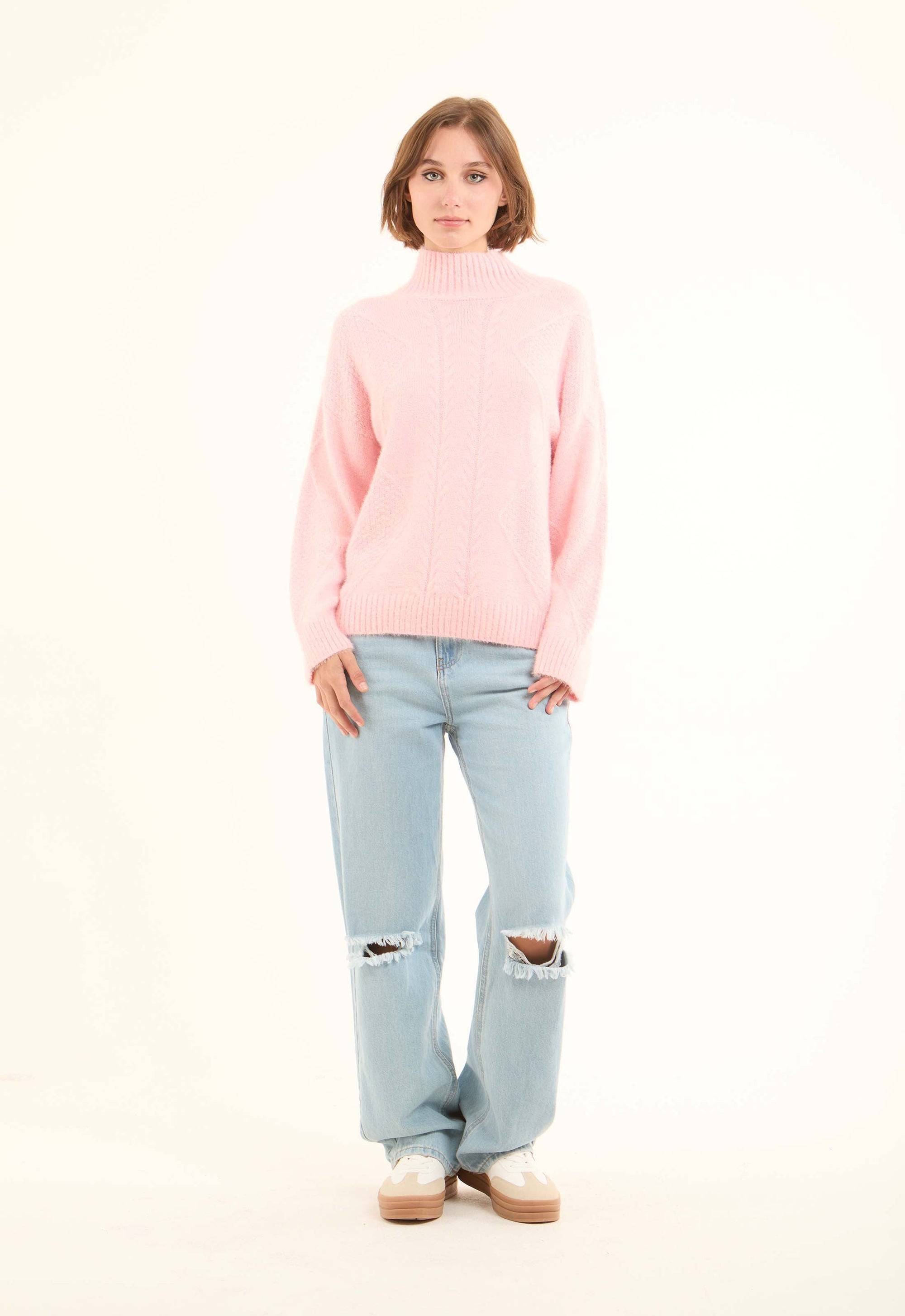 Ribbed High-Neck Soft Pullover