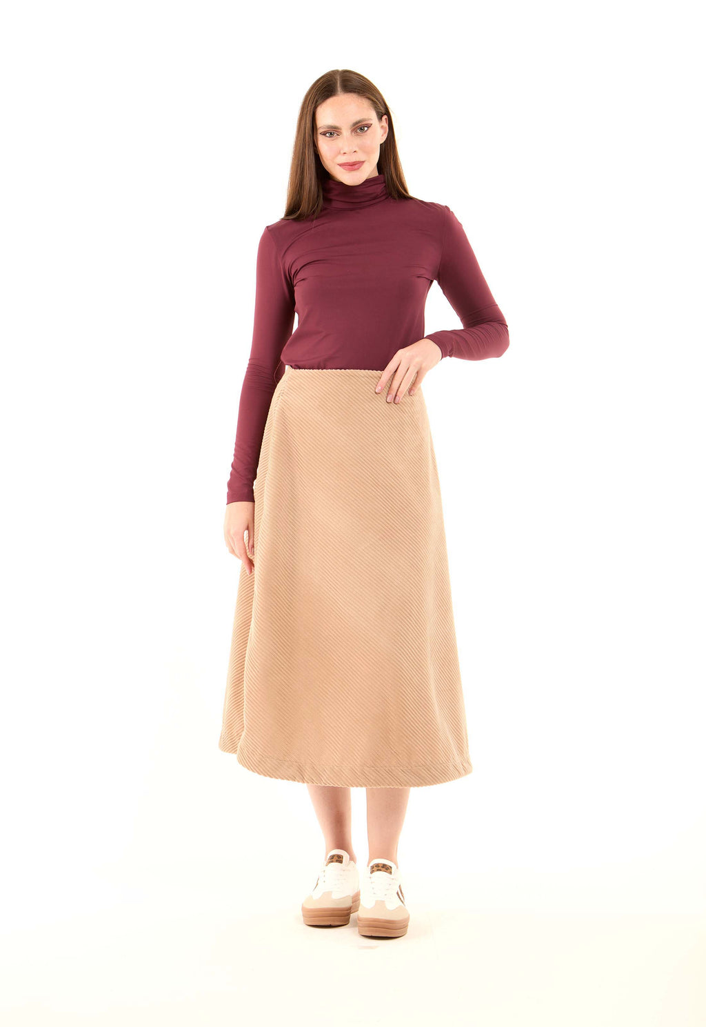 Velvet Ribbed Zipped Midi Skirt
