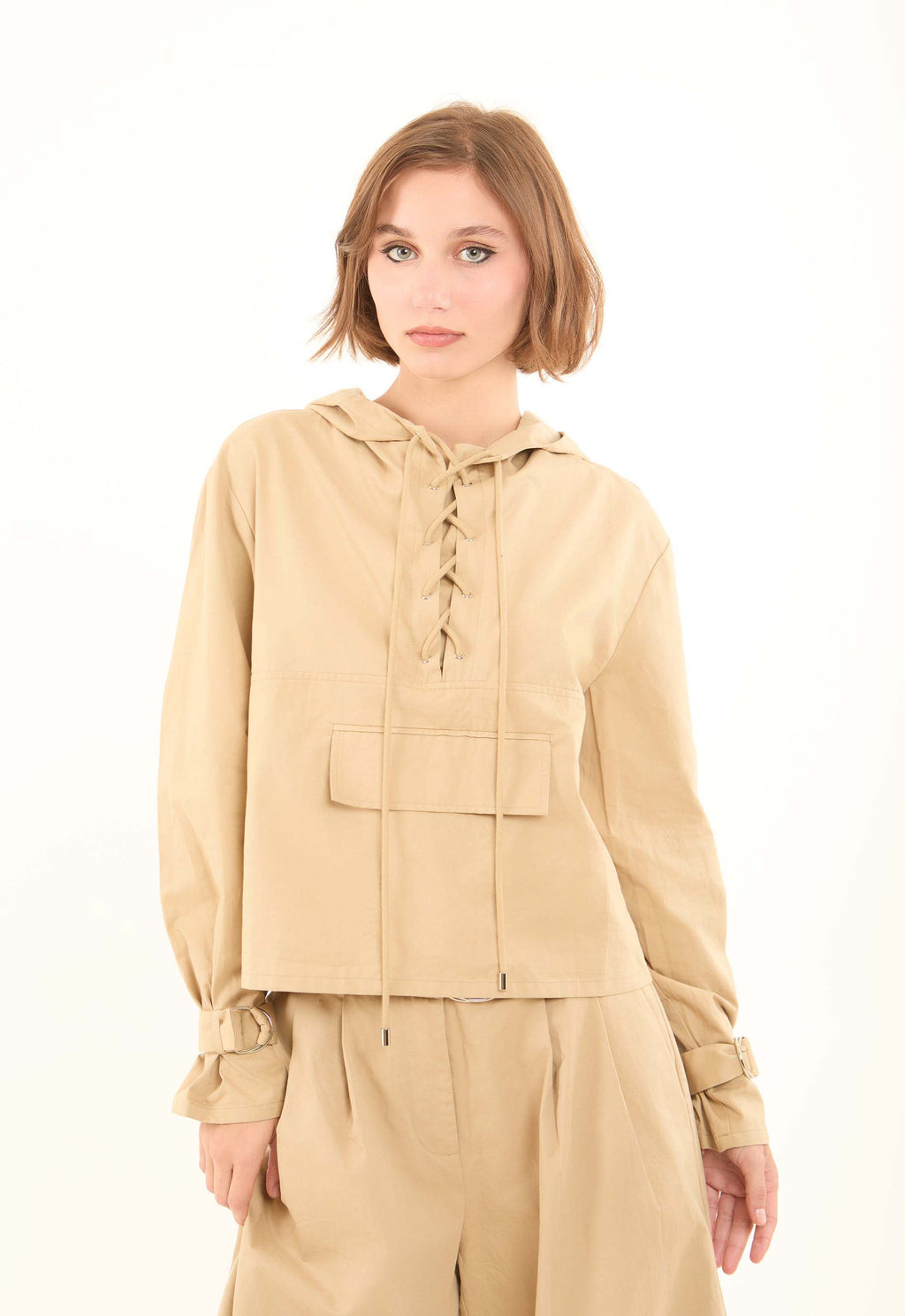 Lace-Up Hooded Neck Hoodie with Belted Sleeves