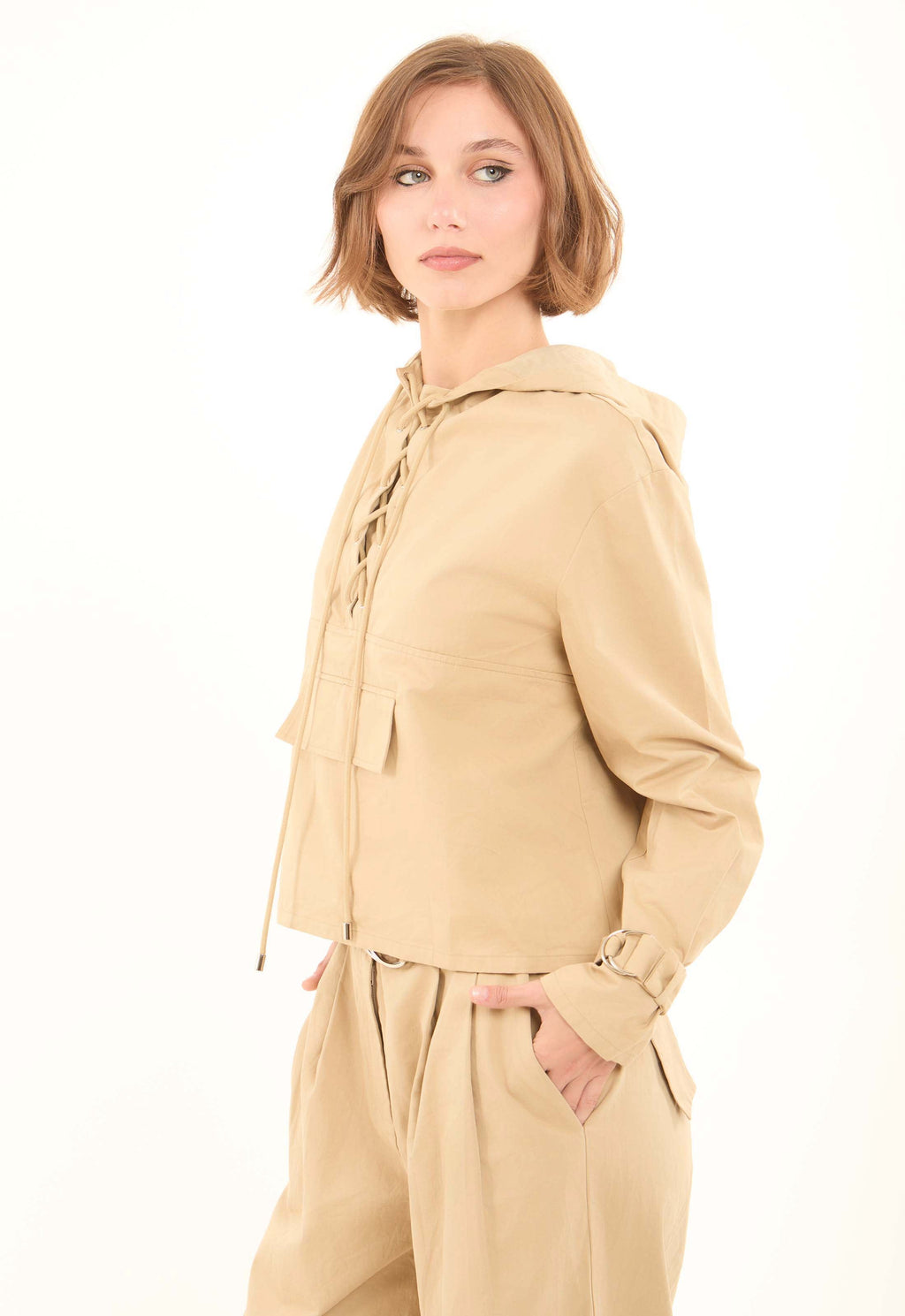 Lace-Up Hooded Neck Hoodie with Belted Sleeves