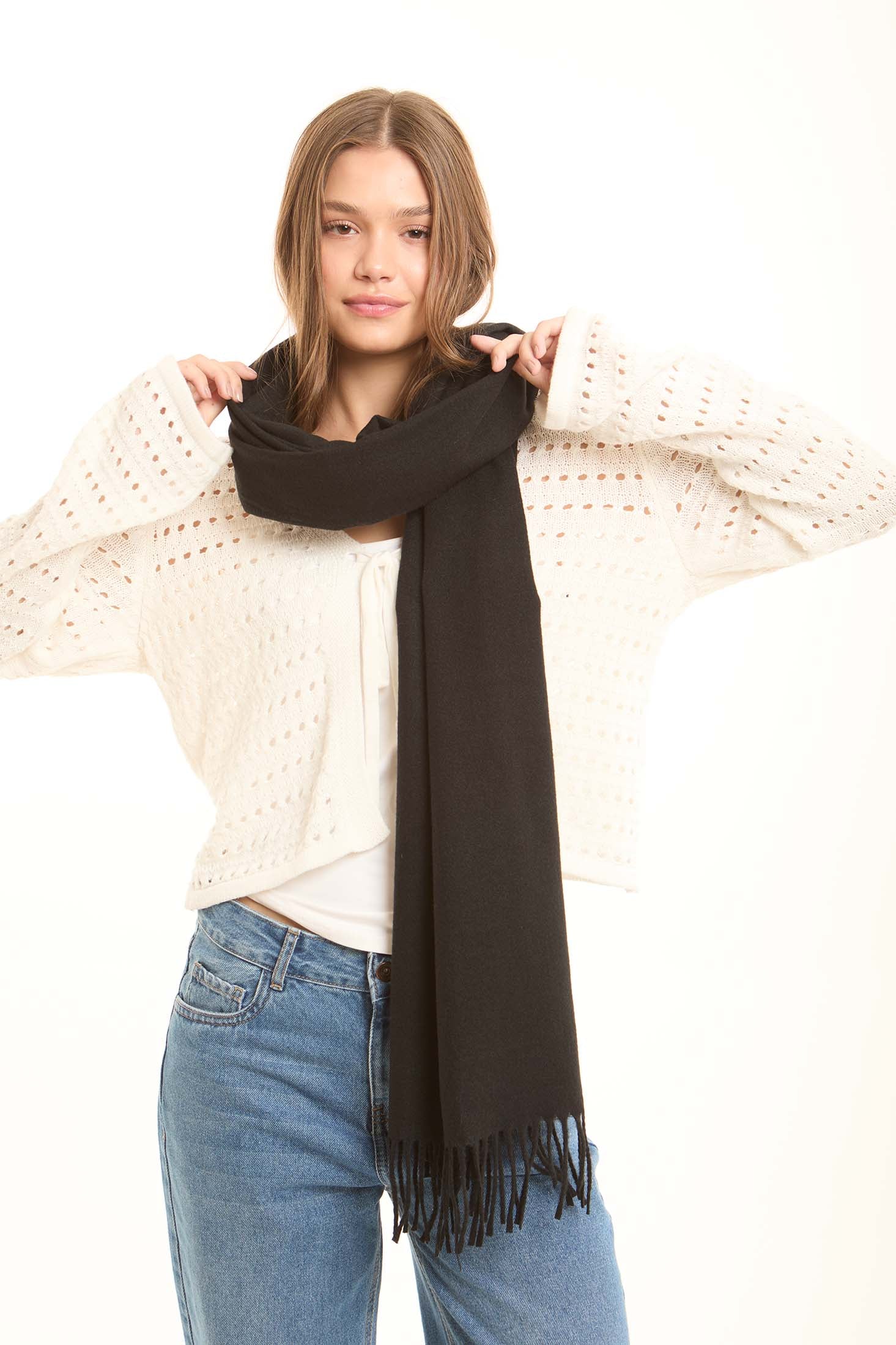 Solid Tassel Trim Soft Rectangular Scarf