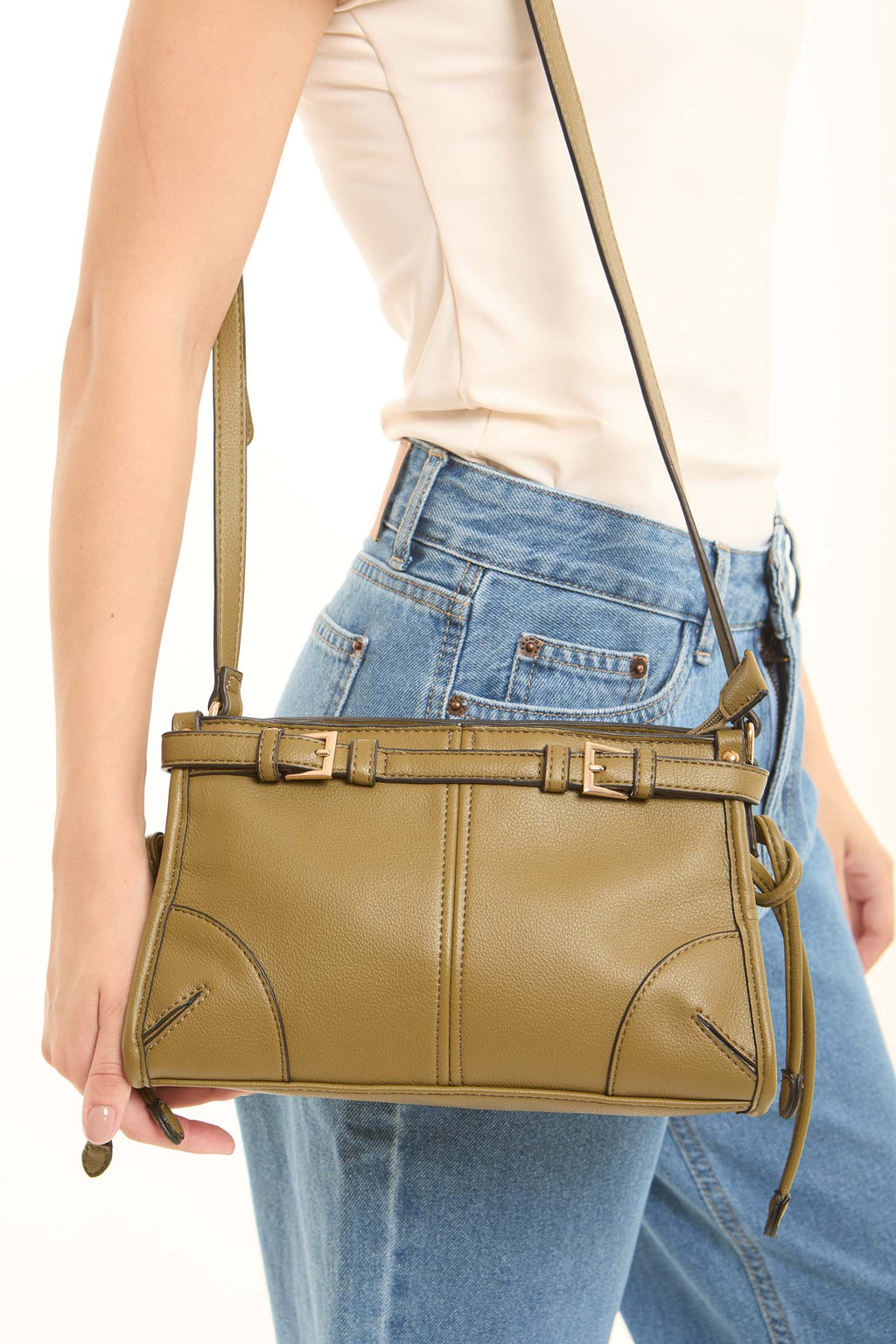 Decorative Belt with Stitches Crossbody Bag