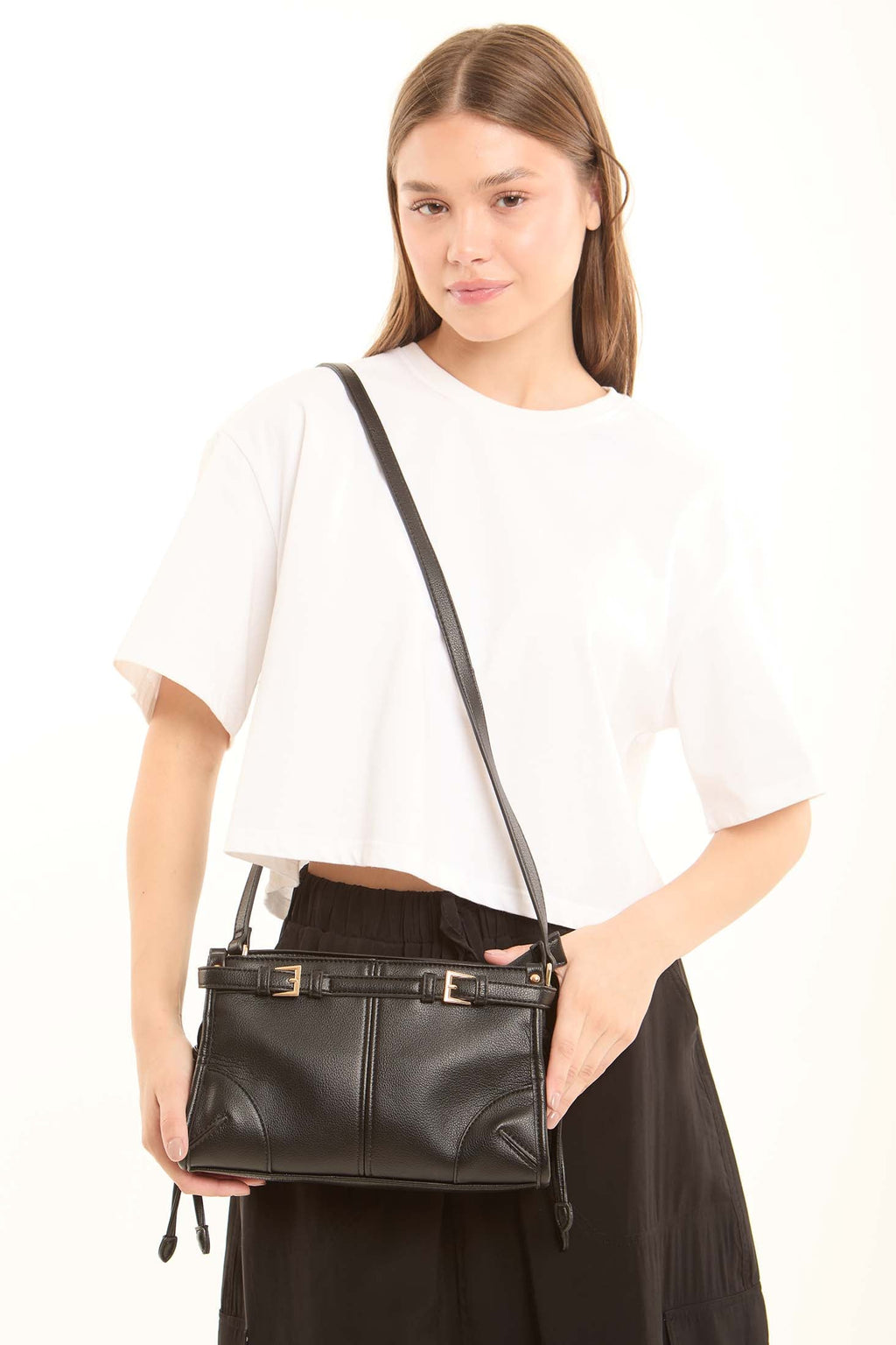 Decorative Belt with Stitches Crossbody Bag