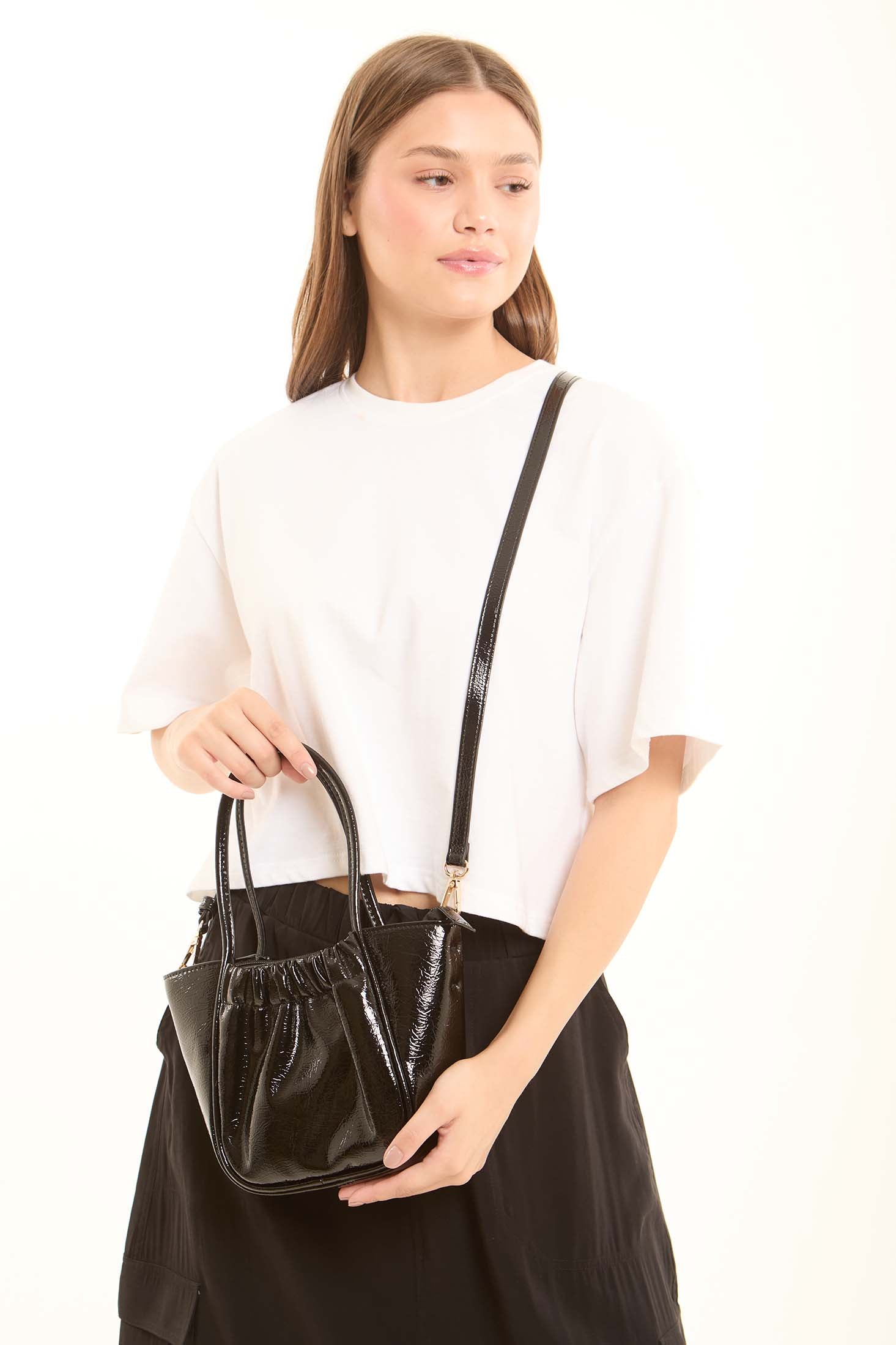 Shiny Textured Leather Crossbody Bag