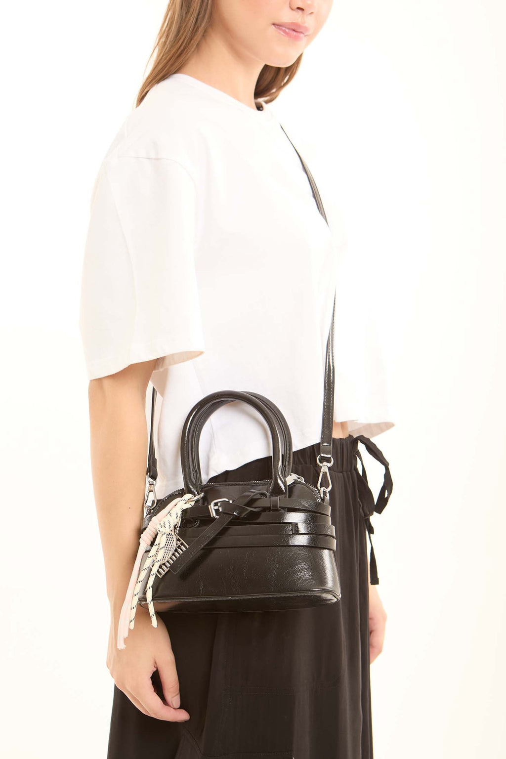 Multi-Belts Crossbody Bag with Decorative Keychain