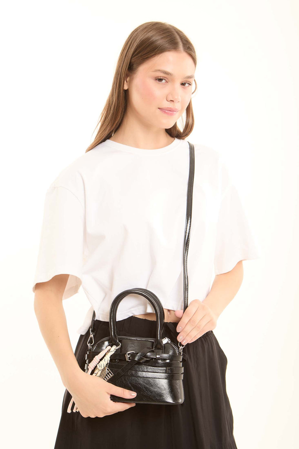 Multi-Belts Crossbody Bag with Decorative Keychain