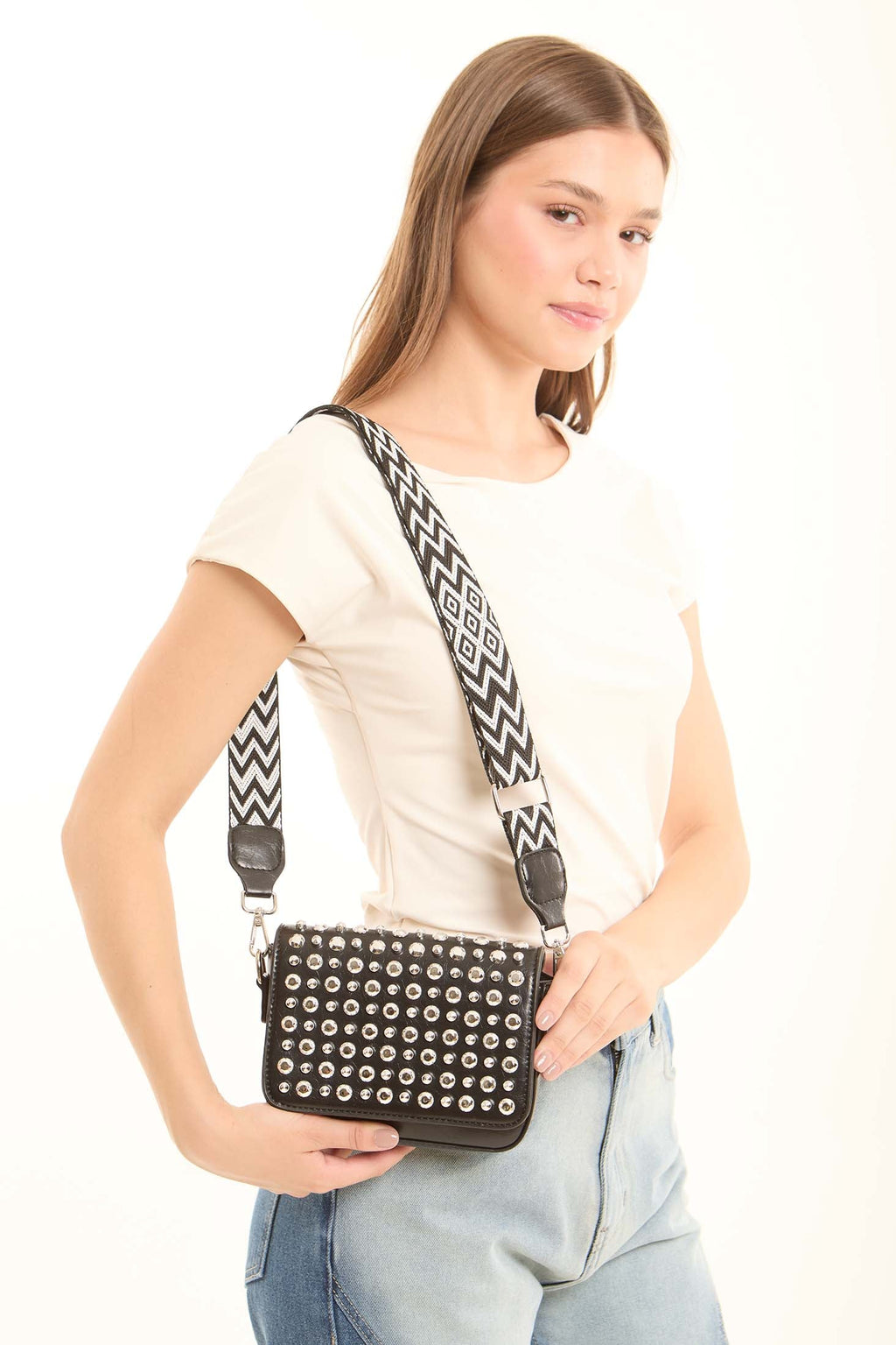 Studded Crossbody Bag with Patterned Handle