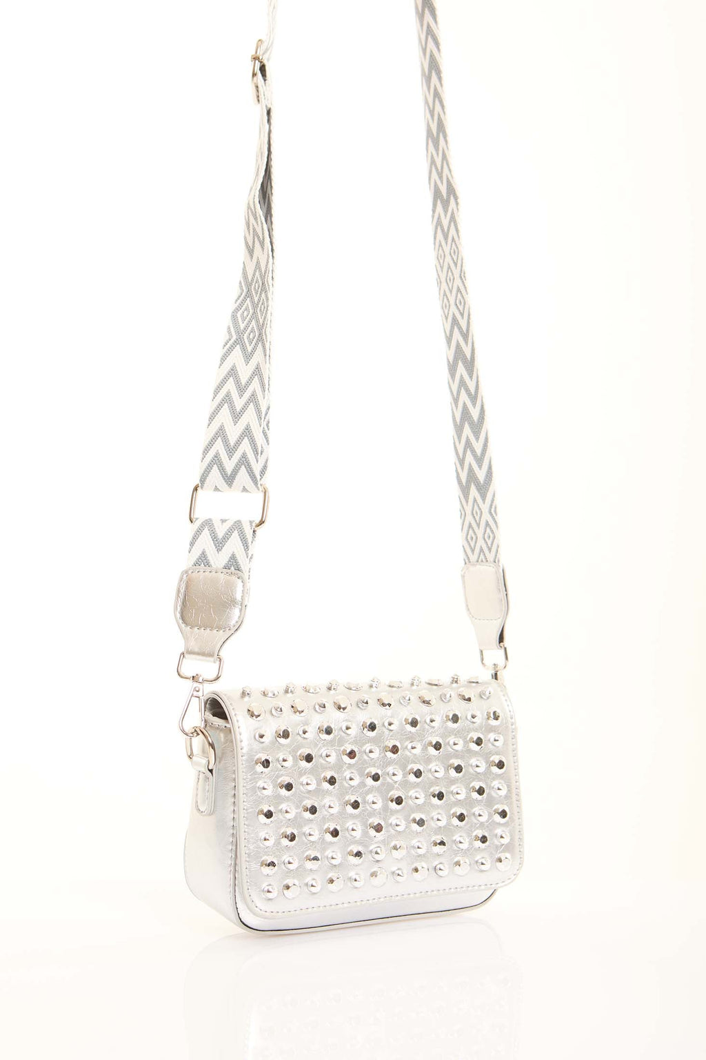 Studded Crossbody Bag with Patterned Handle