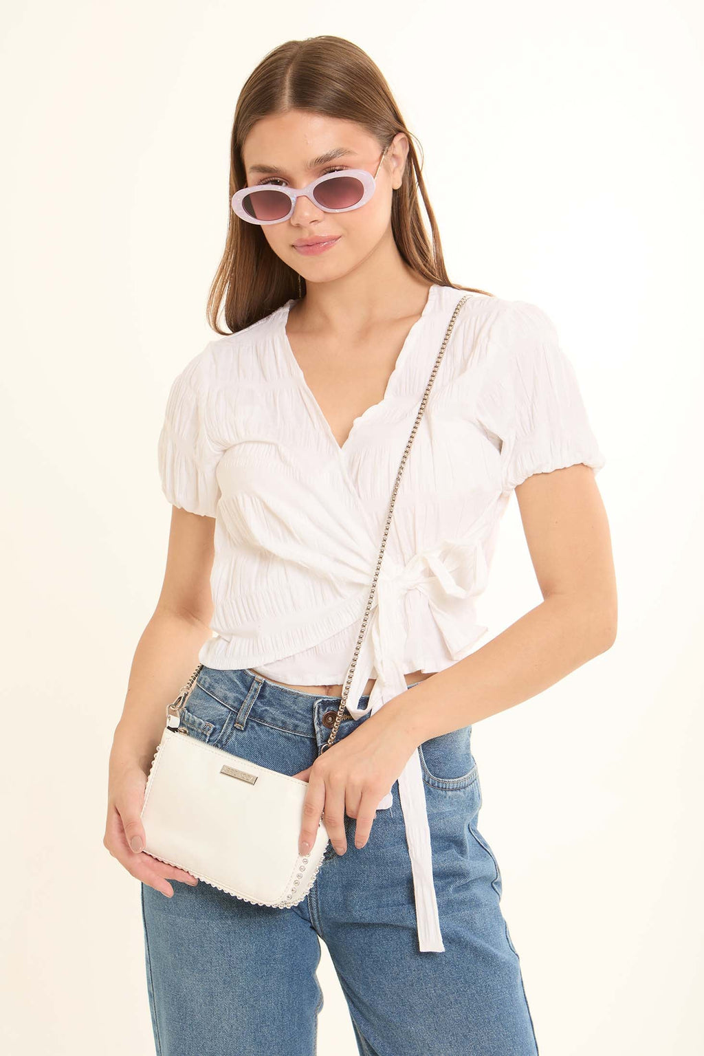 Stylish Beaded Trim & Handle Crossbody Bag