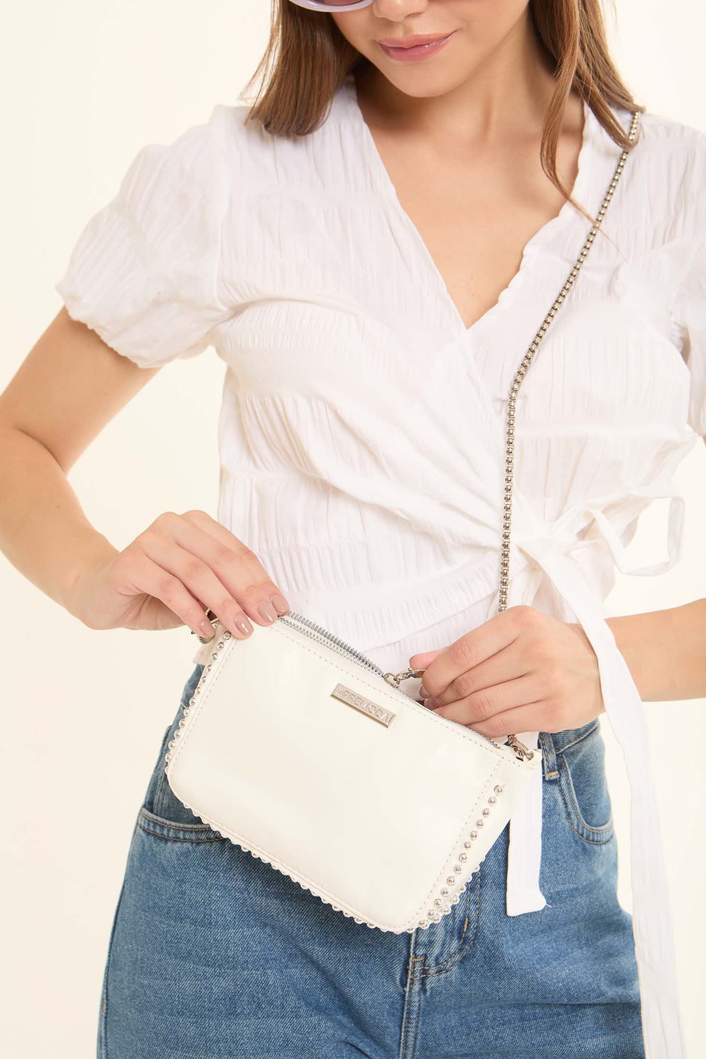 Stylish Beaded Trim & Handle Crossbody Bag