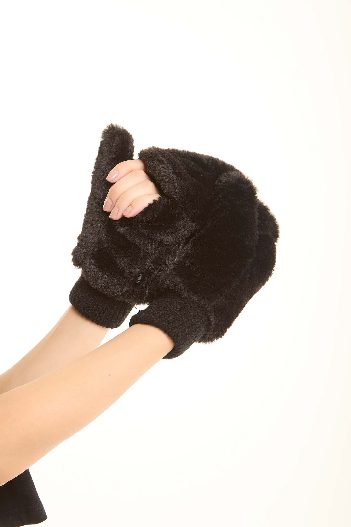 Fur Convertible Mittens with Elastic Cuff