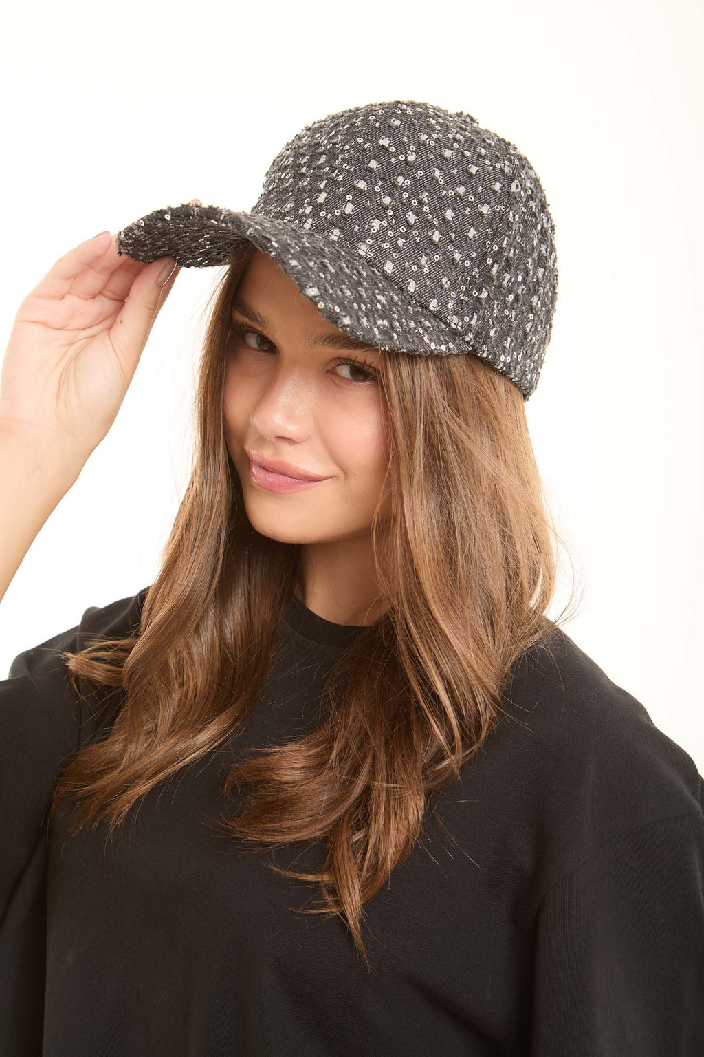 Tweed Cap With Sequin Embellishments