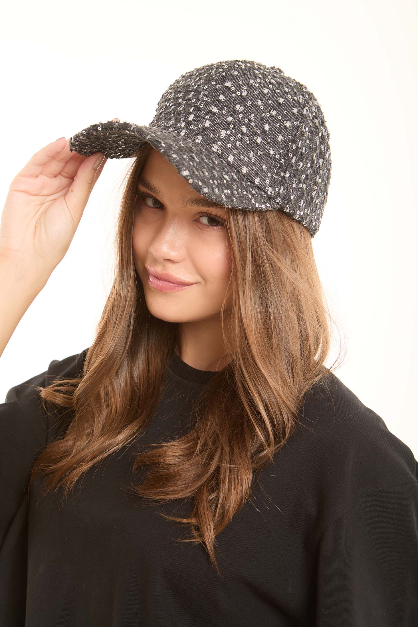 Tweed Cap With Sequin Embellishments