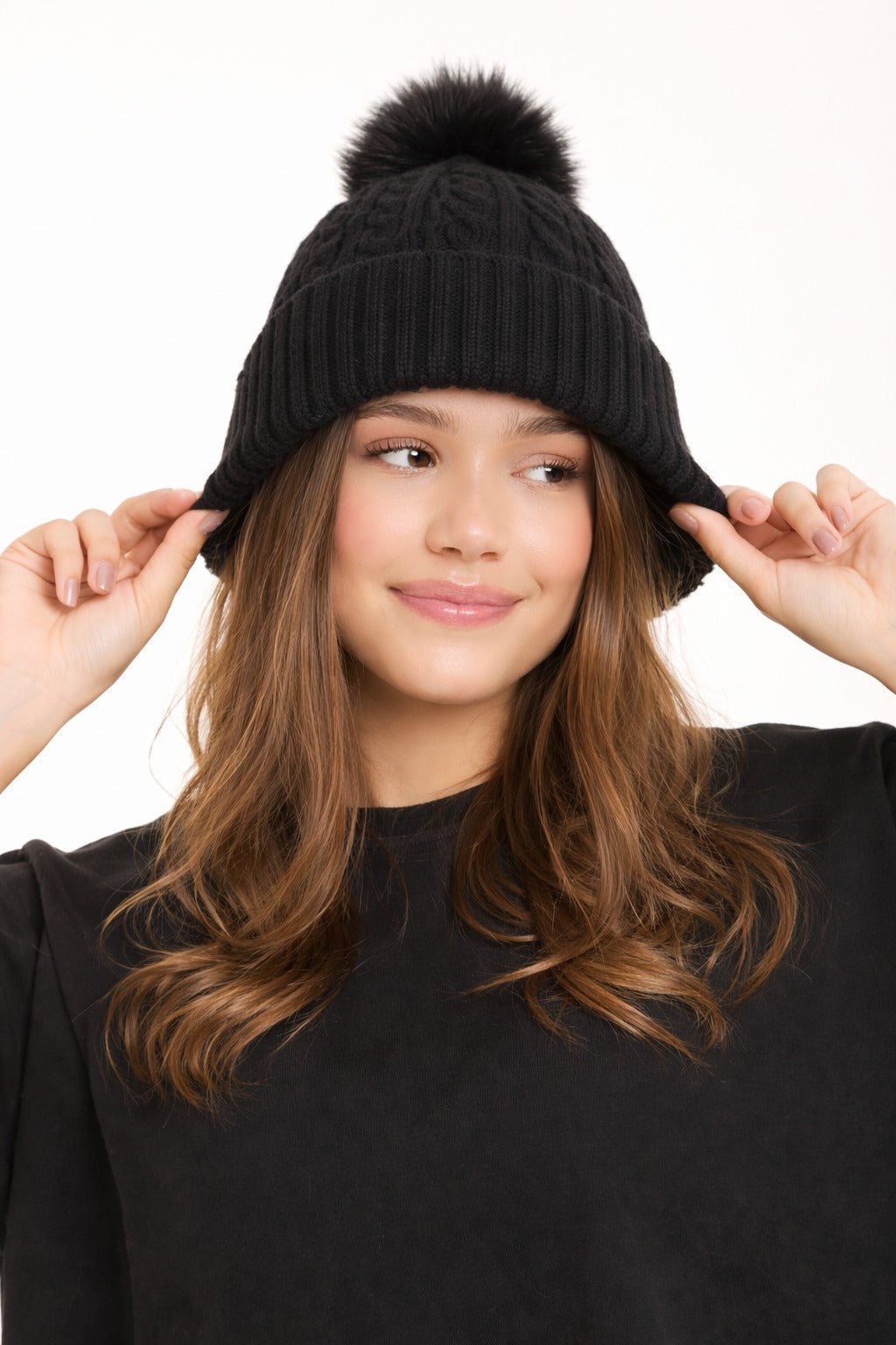 Black Knit Beanie with Pom-Pom
